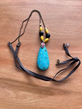 Lucky Brand Faux?Turquoise Teardrop Pendant Necklace with Yellow and Black Beads